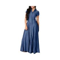 Vestido Longo Jeans Casual Elegante 2023 Com Bolso No Pescoço E Abotoamento Simples - Moda E