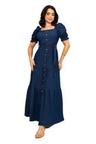 Vestido Longo Jeans Manga Bufante Faixa Botões Elegante Moda Evangélica Feminina Vestido Longo Jeans Manga Bufante Faixa Botões Elegante Moda Evangélica Feminina