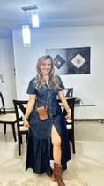 Vestido Longo Jeans Premium Com Mangas Fechamento Botões Crisconf