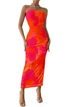 Vestido Longo Justo Floral Laranja sem alça PRETTYGARDEN XL