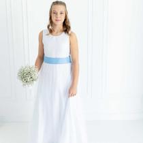 Vestido Longo Juvenil branco Faixa Azul com Saia Tule Branco Adulto REF4072