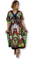 Vestido Longo Kaftan Indiana Plus Size Estampa Mão de Fátima