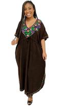 Vestido Longo Kaftan Indiano Viscose Liso Bordado Plus Size