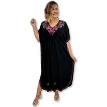 Vestido Longo Kaftan Indiano Viscose Liso Bordado Plus Size