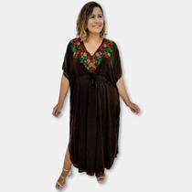 Vestido Longo Kaftan Indiano Viscose Liso Bordado Plus Size