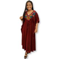 Vestido Longo Kaftan Indiano Viscose Liso Bordado Plus Size