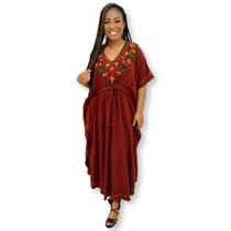 Vestido Longo Kaftan Indiano Viscose Liso Bordado Plus Size