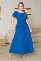 Vestido Longo Kauly Crepe Twill Elastico no Decote Ombro a Ombro, Lastex na Cintura e Mangas 3731 Vestido Longo Kauly Crepe Twill Elastico no Decote Ombro a Ombro, Lastex na Cintura e Mangas 3731