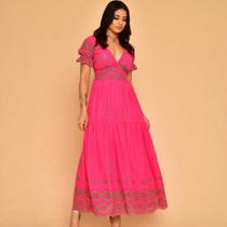 Vestido longo lese bordado algodão decote V manga curto 0032 Vestido longo lese bordado algodão decote V manga curto 0032