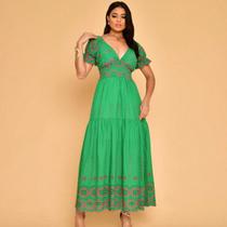 Vestido longo lese bordado algodão decote V manga curto 0032