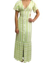 Vestido Longo Listrado com Fenda e Recortes Laterais