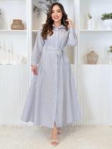 Vestido Longo Listrado Soltinho Manga Longa Inverno de Festa Elegante Social