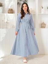 Vestido Longo Listrado Soltinho Manga Longa Inverno de Festa Elegante Social