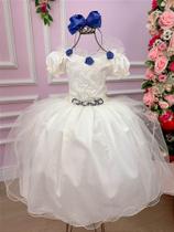 Vestido Longo Lorenzetti Off com Detalhes em Azul Marinho