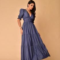 Vestido longo luxo chambray decote V manga curto 3141 Vestido longo luxo chambray decote V manga curto 3141