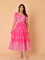 Vestido longo luxo lese bordado algodão manga curto 3119