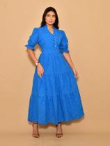 Vestido longo luxo lese gola botão bordado algodão manga curto 0070