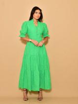 Vestido longo luxo lese gola botão bordado algodão manga curto 0070