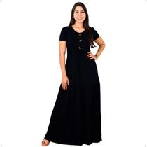 Vestido Longo Malha Feminino Casual Três Botões Com Manga