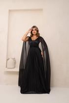 Vestido Longo Manga Capa Plissado Madrinha Mãe do Noivo -