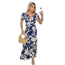 Vestido longo manga curta envelope viscolinho com bojo barra babado estampado modelo