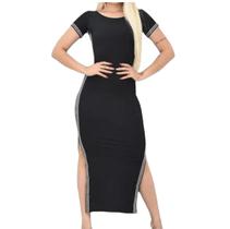 Vestido longo manga curta listra fina lateral Durabilidade