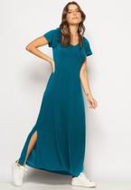 Vestido Longo Manga Curta Malha Azul Salvatore Fashion Vestido Longo Manga Curta Malha Azul Salvatore Fashion