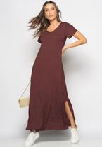 Vestido Longo Manga Curta Malha Marrom Salvatore Fashion Vestido Longo Manga Curta Malha Marrom Salvatore Fashion