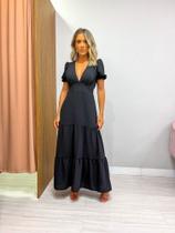 Vestido longo manga curta saia dois babado feminino