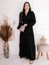 Vestido Longo Manga Longa Decote V Viscolinho Moda Feminina Vestido Longo Manga Longa Decote V Viscolinho Moda Feminina