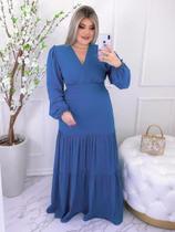 Vestido Longo Manga Longa Decote V Viscolinho Moda Feminina
