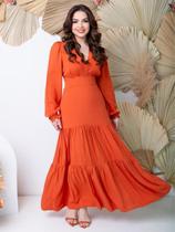 Vestido Longo Manga Longa Decote V Viscolinho Moda Feminina Vestido Longo Manga Longa Decote V Viscolinho Moda Feminina