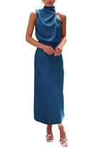 Vestido Longo Maxi de Cetim Sem Mangas com Gola Alta para Mulheres PRETTYGARDEN XL