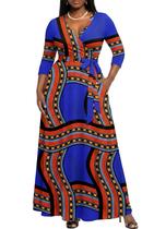 Vestido longo maxi feminino AOMONI 2026 - estampado boho de verão, decote V, manga 3/4 Vestido longo maxi feminino AOMONI 2026 - estampado boho de verão, decote V, manga 3/4