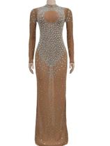 Vestido Longo Maxi Feminino Prateado Com Strass E Lantejoulas Transparentes Para Festas E Baladas