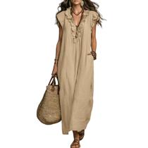 Vestido longo maxi sem mangas com babados e decote em V caqui tamanho grande