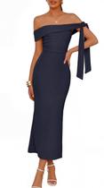 Vestido longo MEROKEETY 2026 Off Shoulder azul marinho para mulheres Vestido longo MEROKEETY 2026 Off Shoulder azul marinho para mulheres