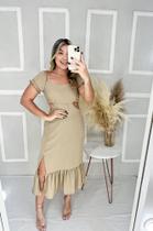 Vestido Longo Midi Babado e Fenda (Bege)
