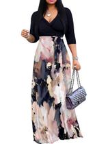 Vestido longo mollyer com decote em V, caimento fluido e bolsos, tamanho grande