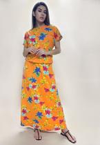 Vestido Longo Morcego Malha Estampa Laranja Floral