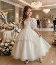 Vestido Longo Off-White Bella Child com Bordados e Tule