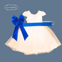 Vestido longo Off White com Faixa e Laço Azul Royal Infantil Festa elegância conforto luxo REF4166