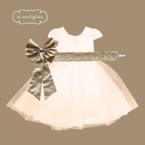 Vestido longo Off White com Faixa e Laço DOURADO Infantil Festa elegância conforto luxo REF4166 Vestido longo Off White com Faixa e Laço DOURADO Infantil Festa elegância conforto luxo REF4166