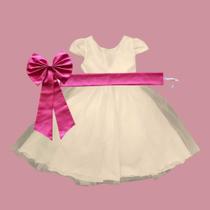Vestido longo Off White com Faixa e Laço PINK Infantil Festa elegância conforto luxo REF4166 Vestido longo Off White com Faixa e Laço PINK Infantil Festa elegância conforto luxo REF4166