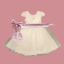 Vestido longo Off White com Faixa e Laço ROSA BEBÊ Infantil Festa elegância conforto luxo REF4166