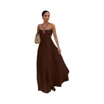 Vestido Longo Plissado Elegante Sem Costas Feminino Para O Verão, Moda Praia E Férias, Modelo