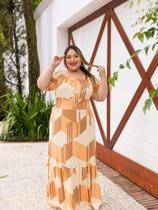 Vestido Longo Plus Size Decote Ciganinha Lastex Na Cintura - Luh May