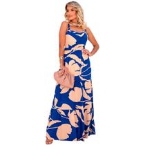 Vestido Longo Plus Size Estampado Azul Floral - Bella Donna