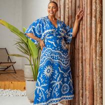 Vestido longo Plus size estampado Chic Feminino Azul Vestido longo Plus size estampado Chic Feminino Azul