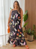 Vestido Longo Plus Size Estampado Floral Preto, Até 54